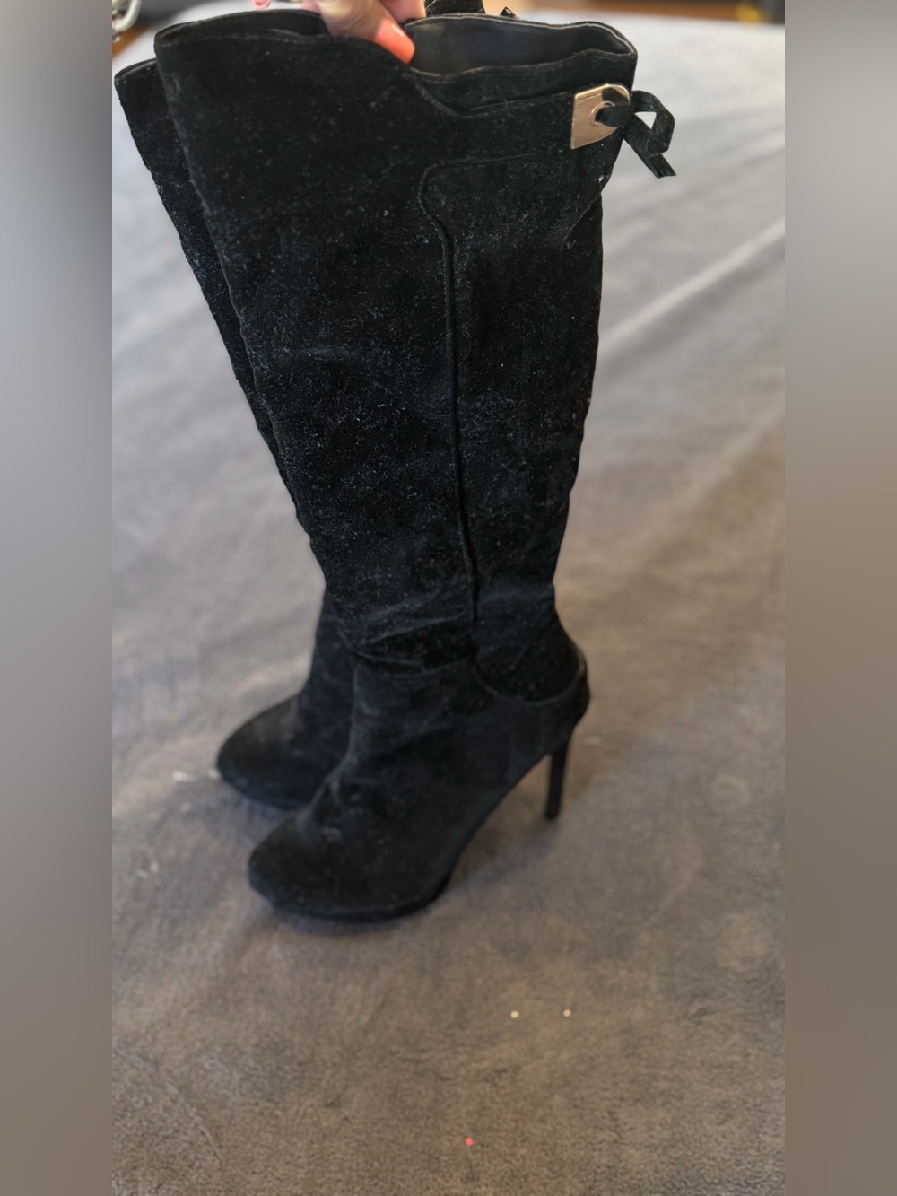 VENUS Black Suede Over-the-Knee Stiletto Boots with Bow Accent
